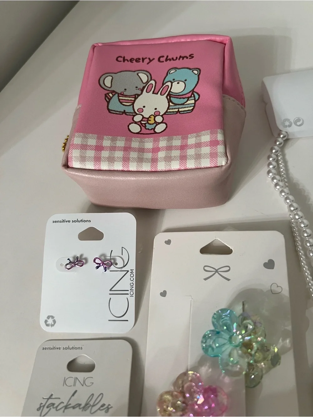 Icing Pink Cherry Charm Pouch with Pearl Necklace & Colorful Hair Clips
